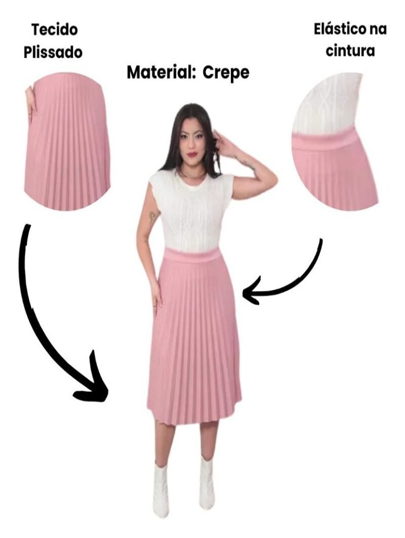 Saia plissada Midi Moda Evangélica com forro e elástico na cintura - Image 3