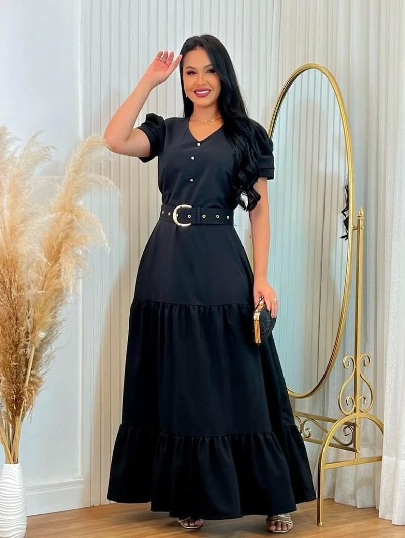 Vestido Longo Feminino Moda Evangélica modelo 2 marias com cinto e botões.