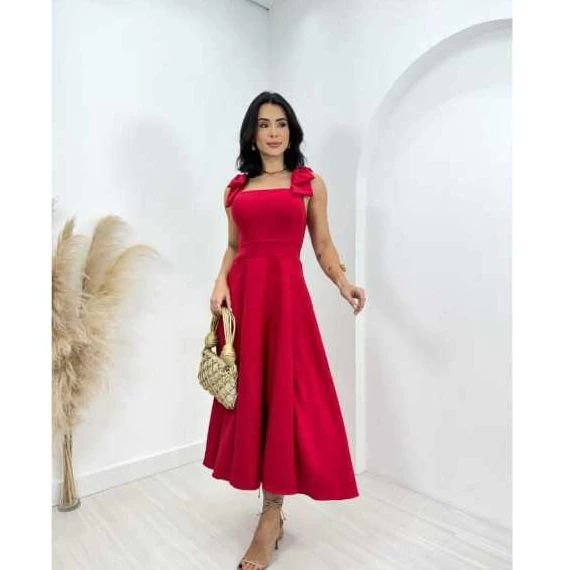 vestido midi feminino duna linho com laço na manga