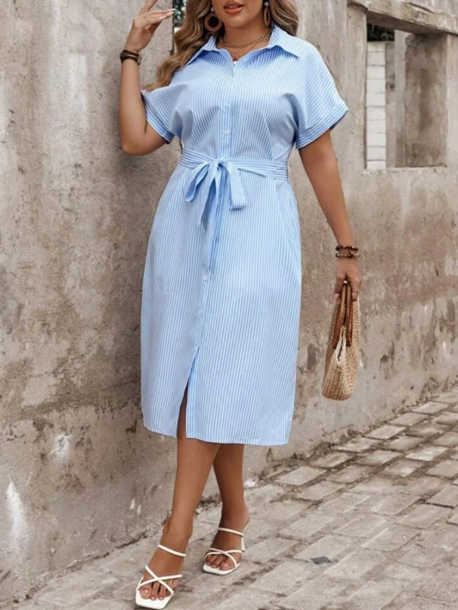 Franclia Vestido Camiseta Listrado Plus Size Feminino com Cintura Marcada, Conjunto Feminino Longo de Verão