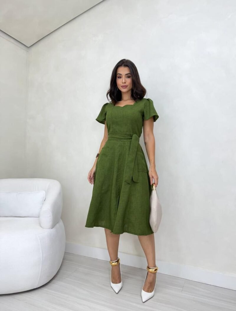 Vestido Linho Comprimento Midi Godê