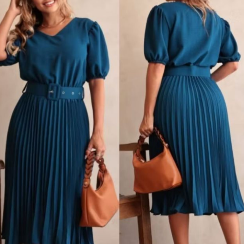 Vestido Midi Plissado Feminino com Cinto