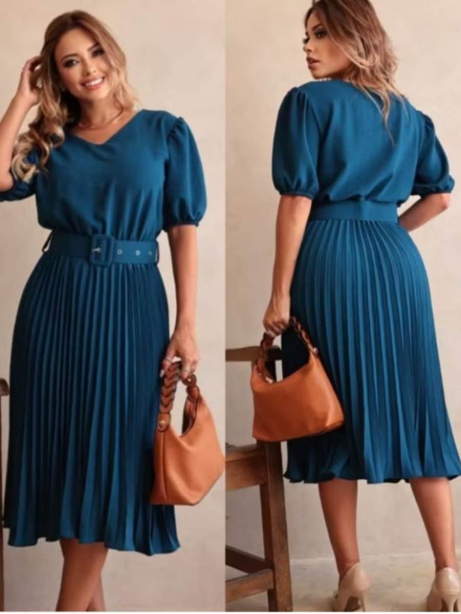 Vestido Midi Plissado Feminino com Cinto